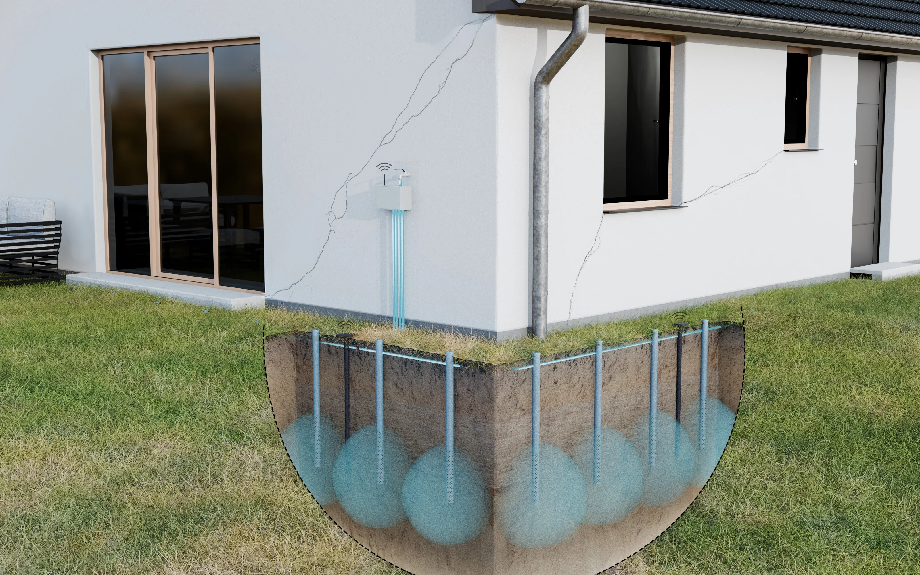 Schéma technique en coupe d'un système de régulation hydrique avec maison, fondations, capteurs et irrigation